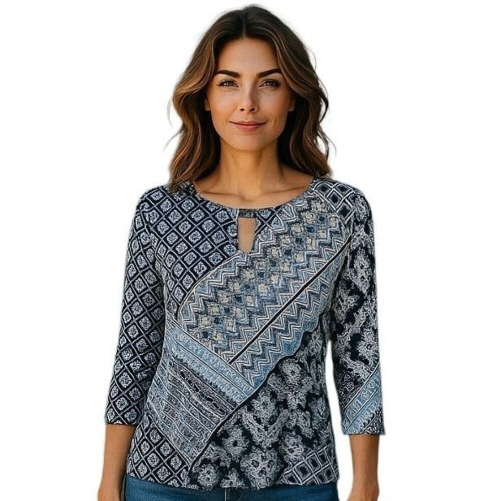 Boho Indie Retro Womens Blue Pattern Keyhole Blouse Quarter Sleeve Casual Top M